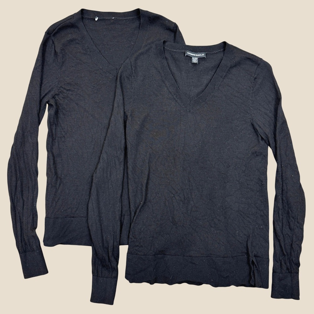 Lot of 2 Katherine Barclay Merino Wool Sweaters Women XS Black Extra Fine V-Neck